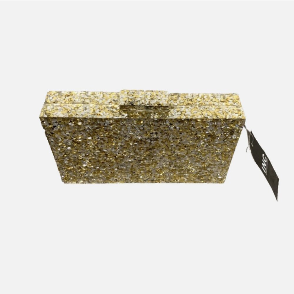 INC International Concepts Acrylic Box Clutch Crossbody Evening Bag Sparkle Gold